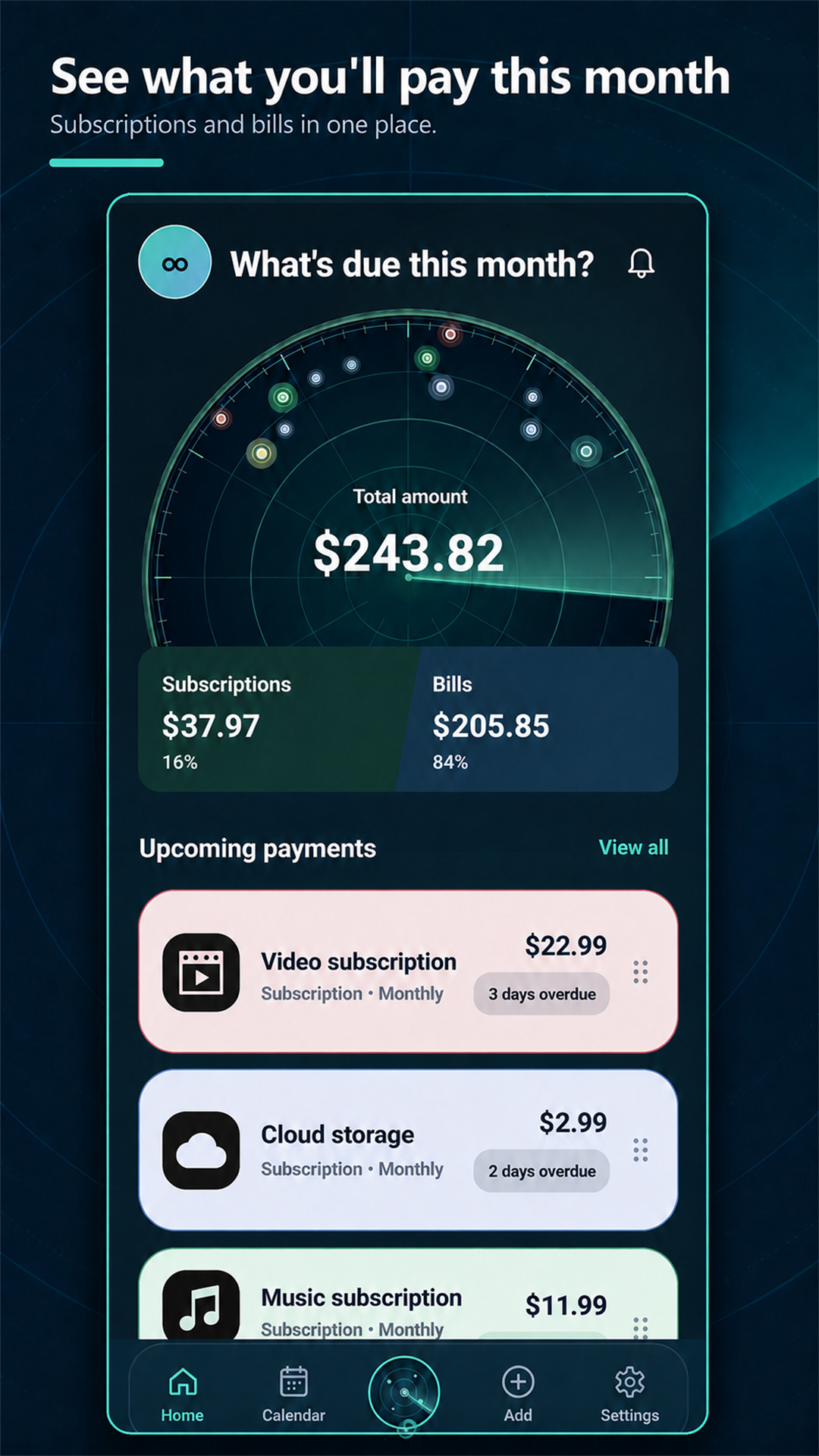 Radar monthly payment overview